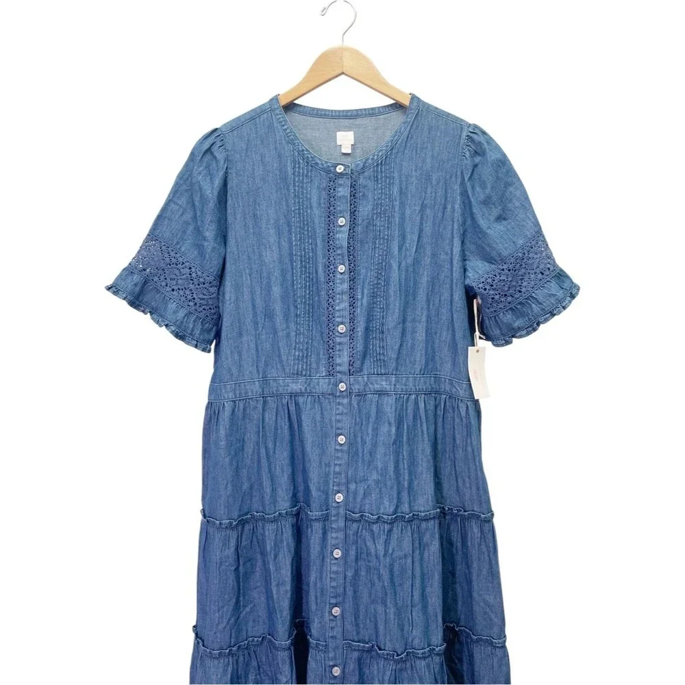 NWT Gap x LoveShackFancy Denim Tiered Midi Dress L Dark Wash Lace Button Front